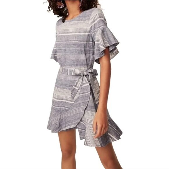 ⭐ Express Chambray Linen Blue And White Faux Wrap Dress Size XS - Picture 2 of 13